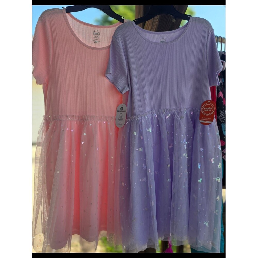 Wonder Nation Girls' Short Sleeve Tulle Party Dress - Pink & Lavender XL (14-16)